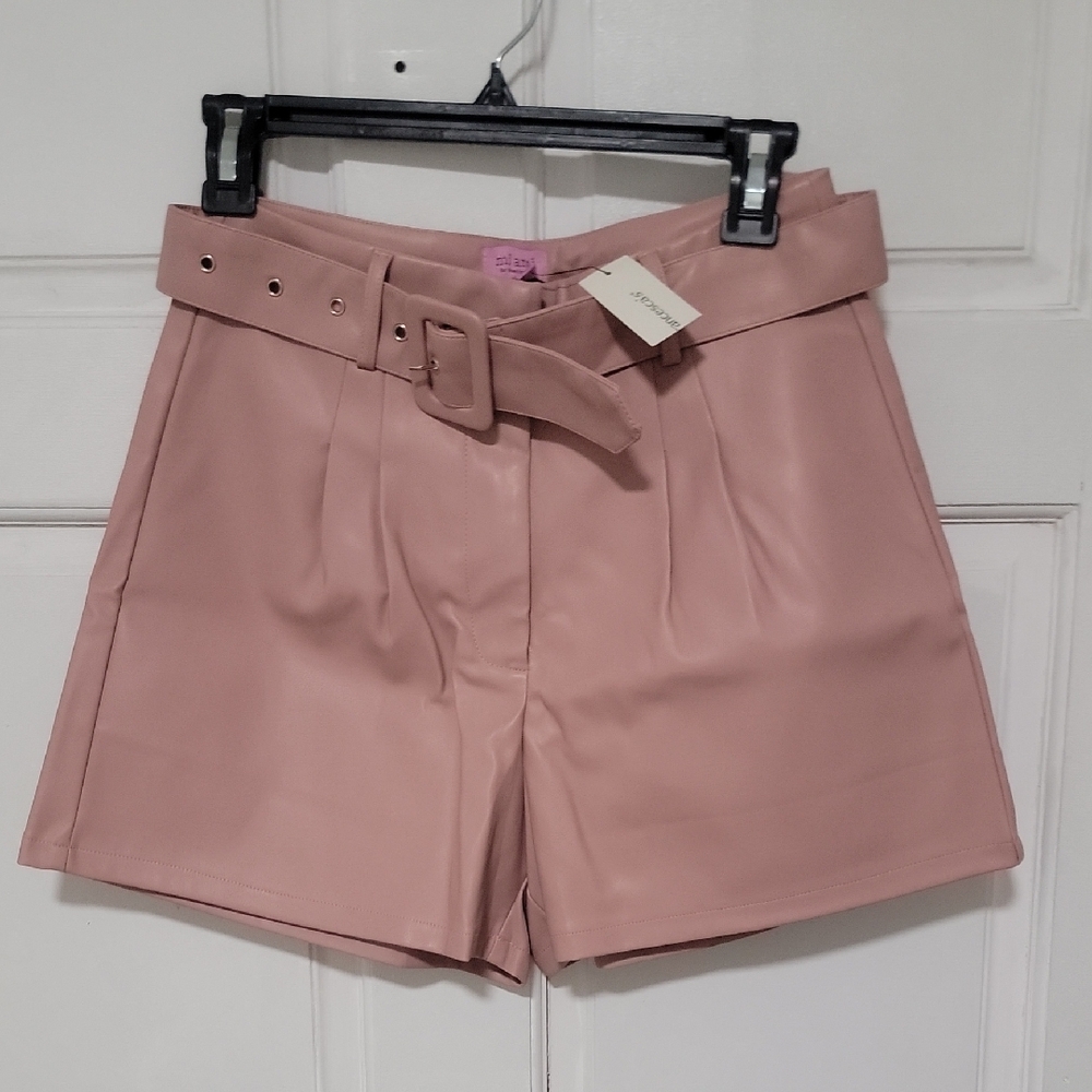 New Francesca's Miami Pink High-Waisted Belted Faux Leather Shorts Limited Ed